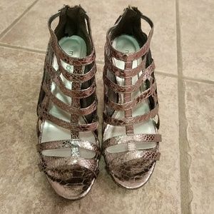 Maurice metallic bronze faux snakeskin heels